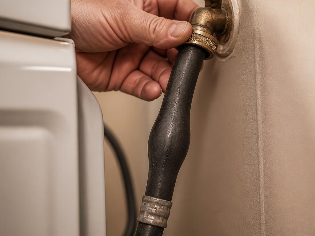 Plumber inspecting washing machine supply hoses for wear and recommended replacement