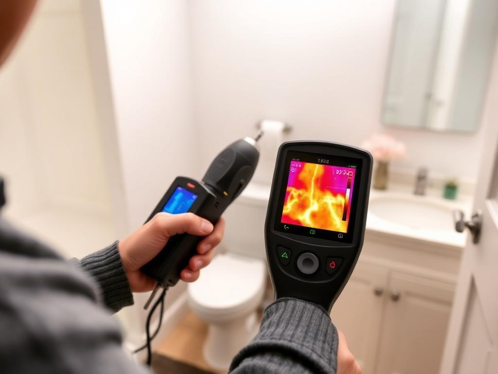 Independent Audit Professional using thermal imaging and moisture mapping to detect a hidden leak behind a bathroom fixture